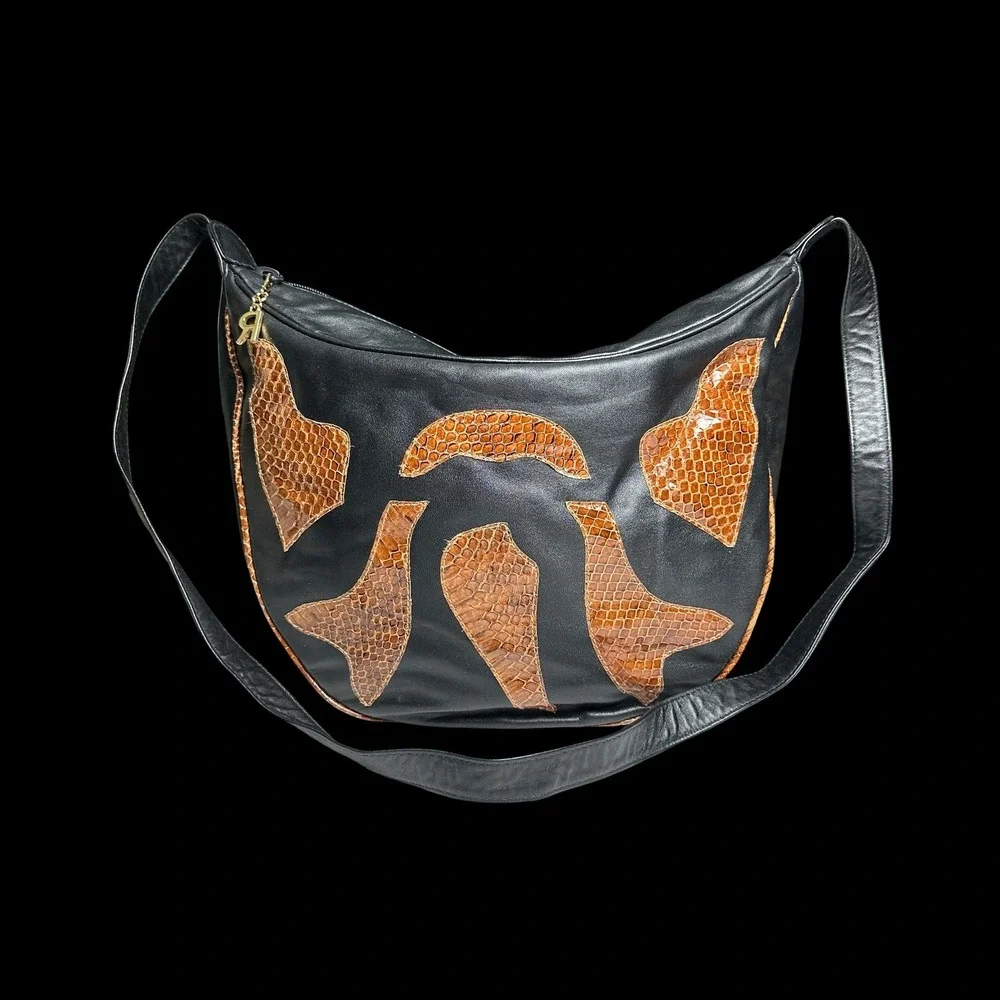 Vintage Rappi Handmade Black Leather Brown Snakeskin Patchwork Hobo Shoulder Bag